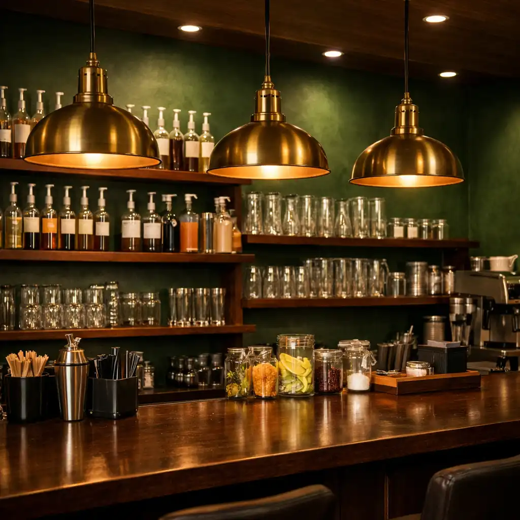 Bar restauracyjny z mosiężnymi lampami i ciemnym drewnianym blatem, bez alkoholu