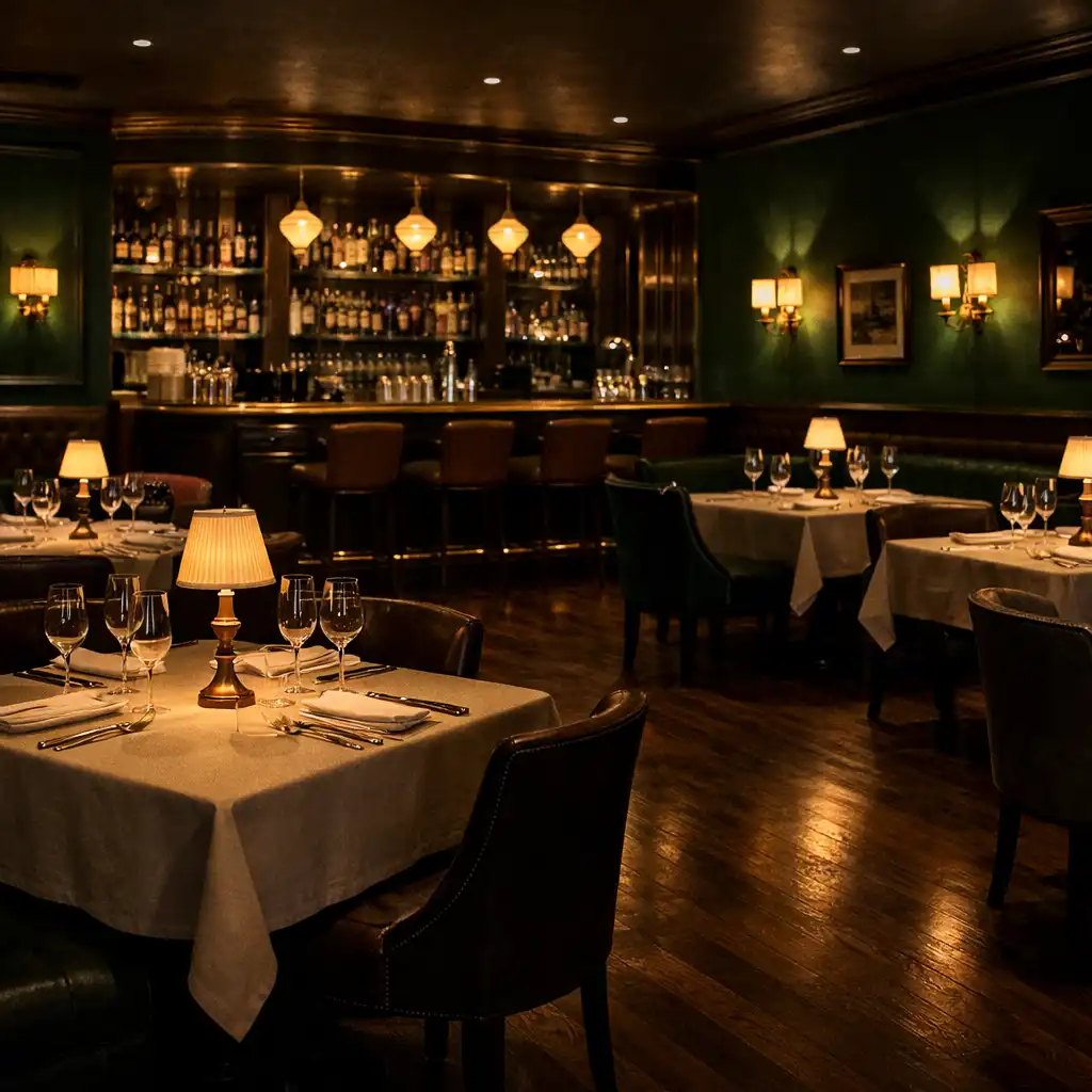 Wnętrze restauracji Resta Uravo z ciepłym oświetleniem, zielonymi ścianami i eleganckimi stolikami