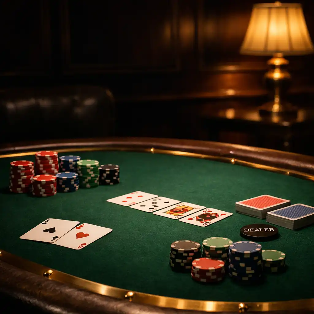 Subtelne ujęcie stolika pokerowego z zielonym suknem i mosiężnymi detalami