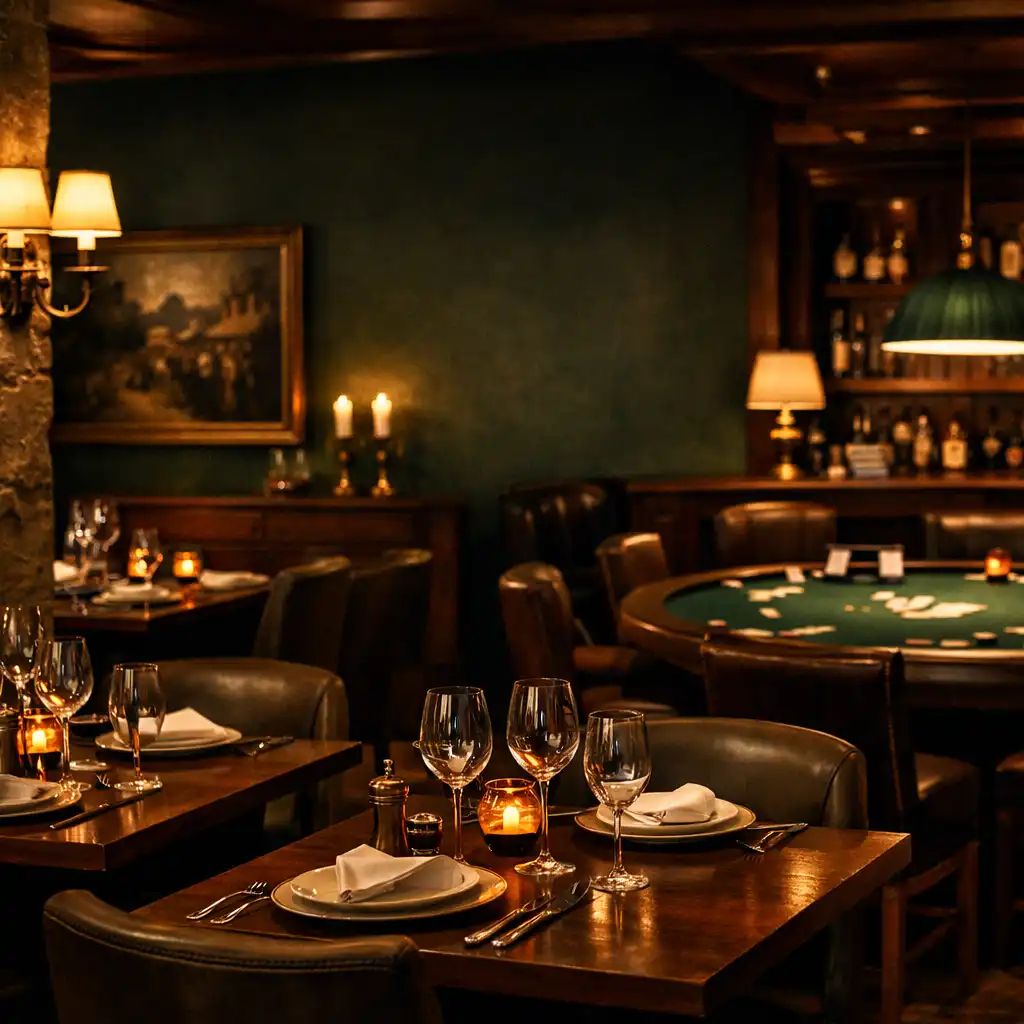 Eleganckie wnętrze restauracji Resta Uravo z subtelnie widocznym stołem pokerowym w tle, ciepłe oświetlenie, ciemnozielone ściany i orzechowe akcenty
