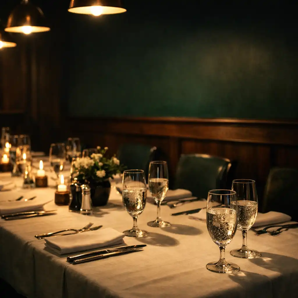 Elegancko nakryty stół w restauracji Resta Uravo z ciepłym oświetleniem