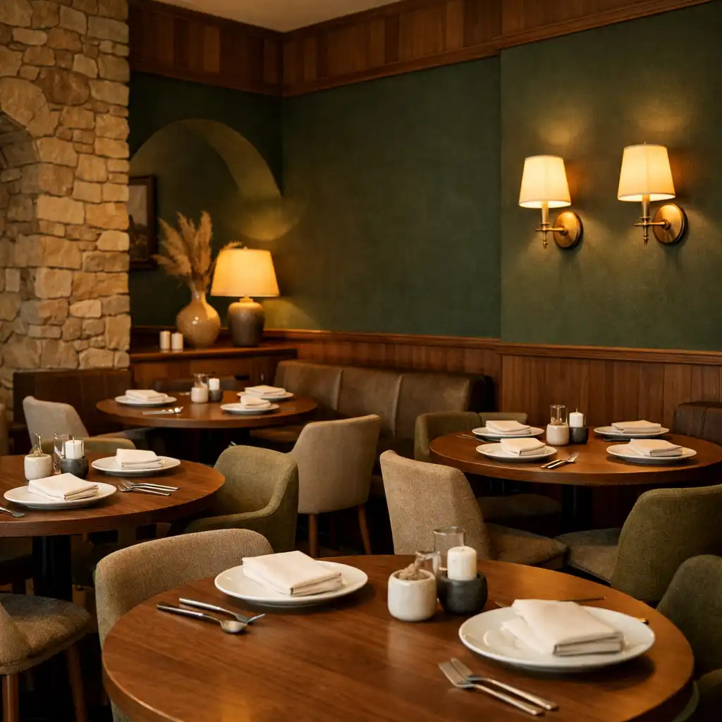 Wnętrze restauracji Resta Uravo z ciemnozielonymi ścianami i eleganckimi stołami