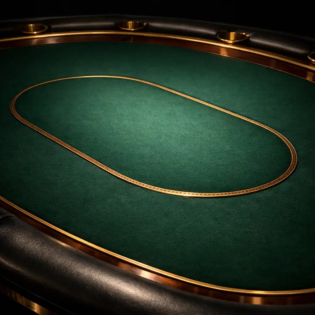 Zbliżenie na powierzchnię profesjonalnego stołu pokerowego z zielonym suknem i mosiężnymi detalami, bez kart i żetonów