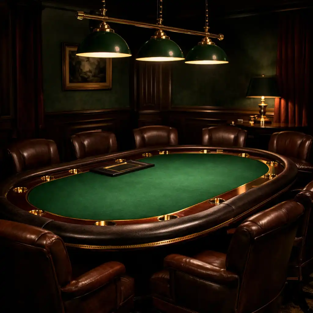 Stół pokerowy z zielonym suknem i mosiężną obwódką w kameralnym, słabo oświetlonym pokoju