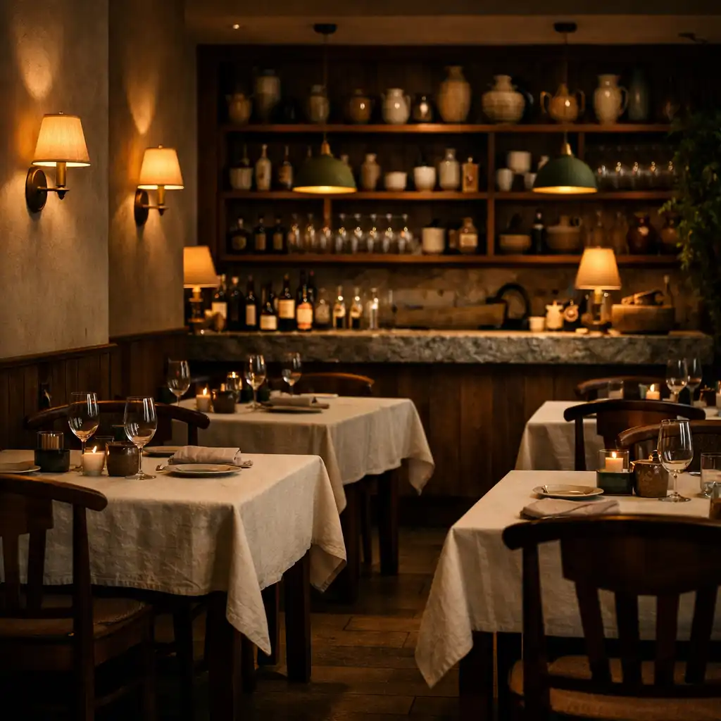 Widok na salę restauracyjną z rzędami stolików, lnianymi obrusami i ciepłym oświetleniem