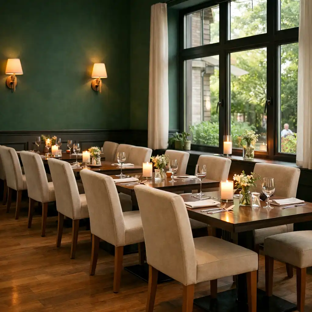 Sala restauracyjna Resta Uravo z ciemnozielonymi ścianami, orzechowymi stołami i ciepłymi lampami